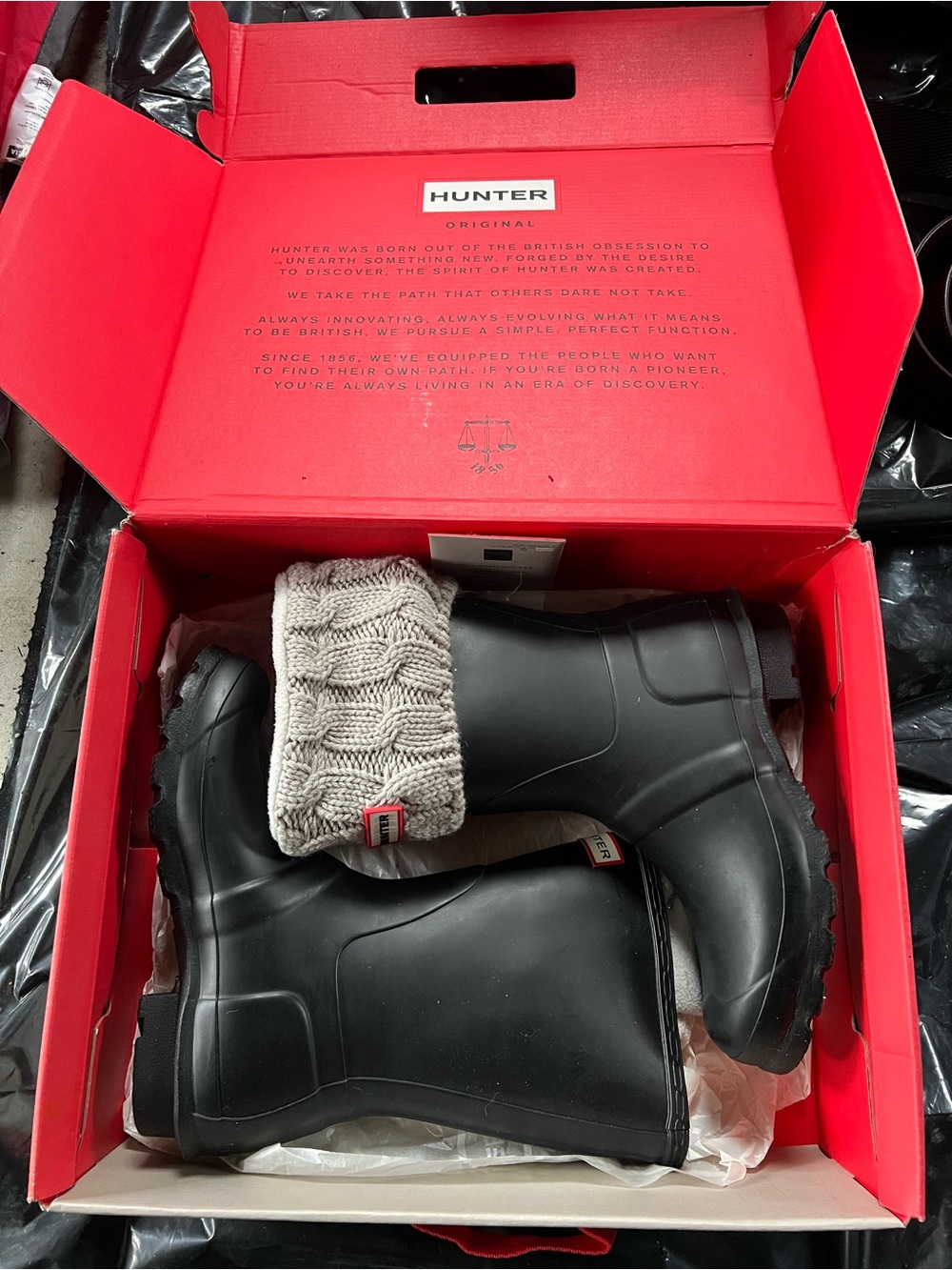 Hunter Black Rain Boots with Gray Knit Cuffs